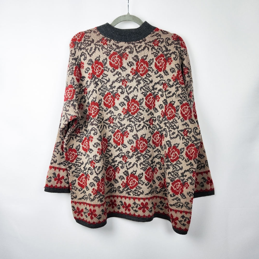 Vintage 80s Tan and Metalic Red Rose Print Sweater, Mathias brand, Women's 1X